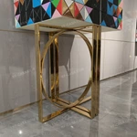 Tall Four-Door Sideboard with Multicolor Faceted Geometric Panels Nine Internal Drawers and Gold-Tone High-Gloss Stainless Steel Circular Base